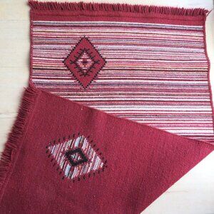 Hand Woven Reversible Red Multicolor Wool Rug with Diamond Pattern Fringed Edge